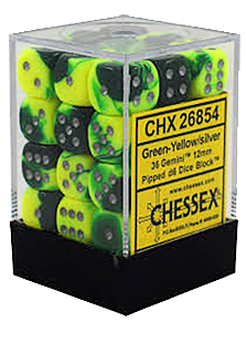 Chessex Gemini 36x12mm Dice Green-Yellow with Silv